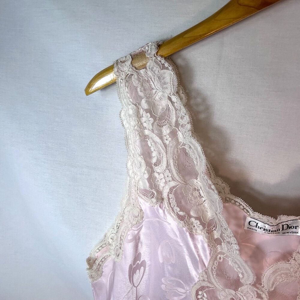 VTG Christian Dior Women's Pink Floral Jacquard Satin Lace Trim Nightgown Sz M - Picture 7 of 15